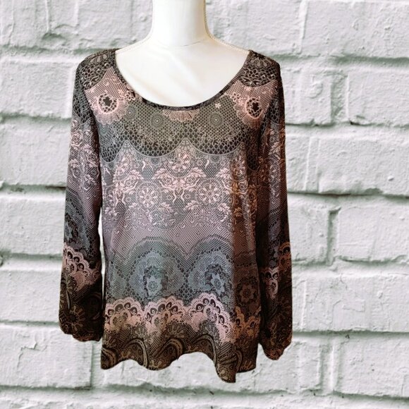 Charming Charlie Black Mauve Paisley Evening Blouse with Back Cut Out in Size M - Picture 1 of 4
